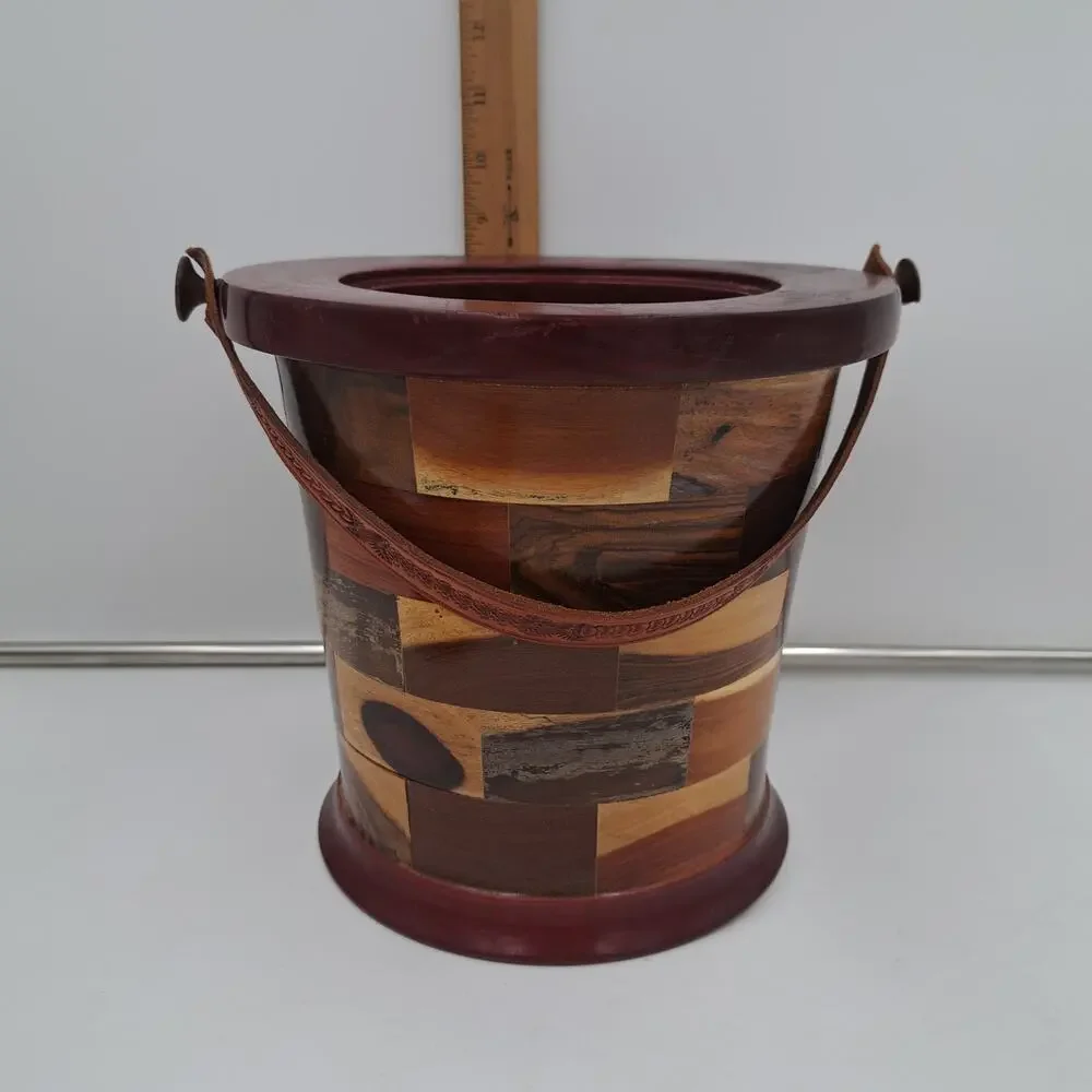 Unique Handmade round stacked wood lined ice bucket Wine Champagne chiller MCM